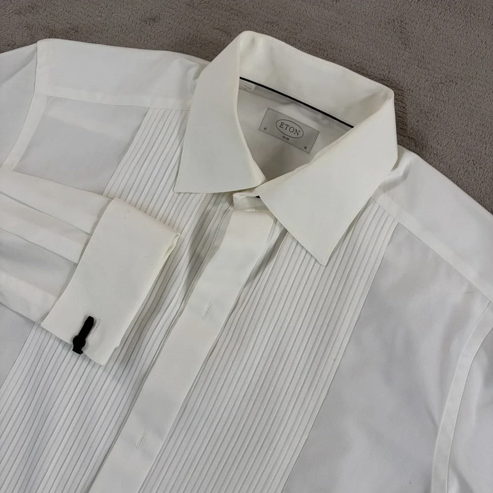 ETON Slim-Fit French-Cuff Pleated Bib Tuxedo Dress Shirt Men 41 16 Designer